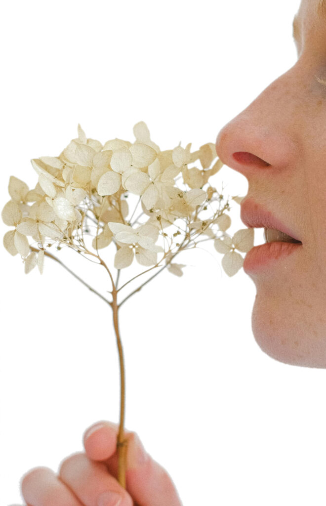 Mulher jovem a cheirar uma planta